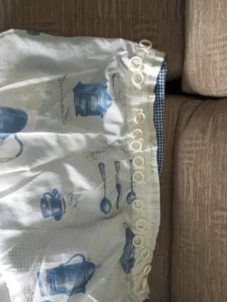 3 Cortinas Cocina Volante Azul Blanco