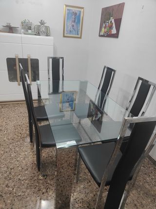 Mesa de comedor moderna negra y plateada para 6