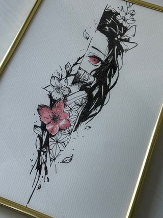Disegno Nezuko Kamado con cornice dorata