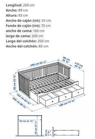 Estructura Cama Diván IKEA HEMNES Blanco 80x200