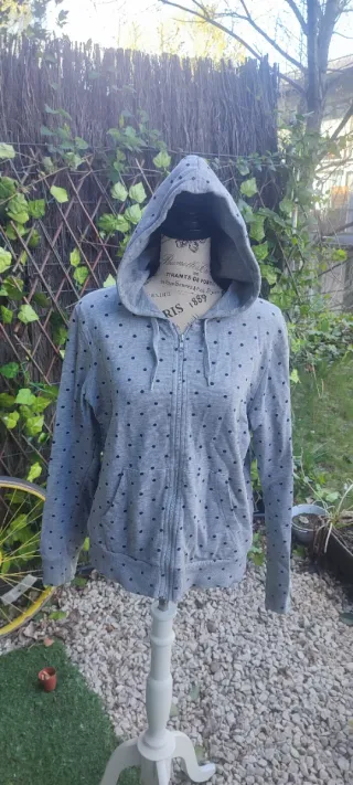 Sudadera gris con puntos,cremallera y capucha.