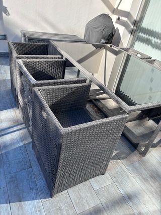 Conjunto mesa, sillas y banquitos exterior 10 pers