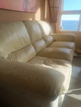 Sofá 3 plazas polipiel beige/blanco roto