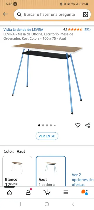 Mesa escritorio madera y metal azul.