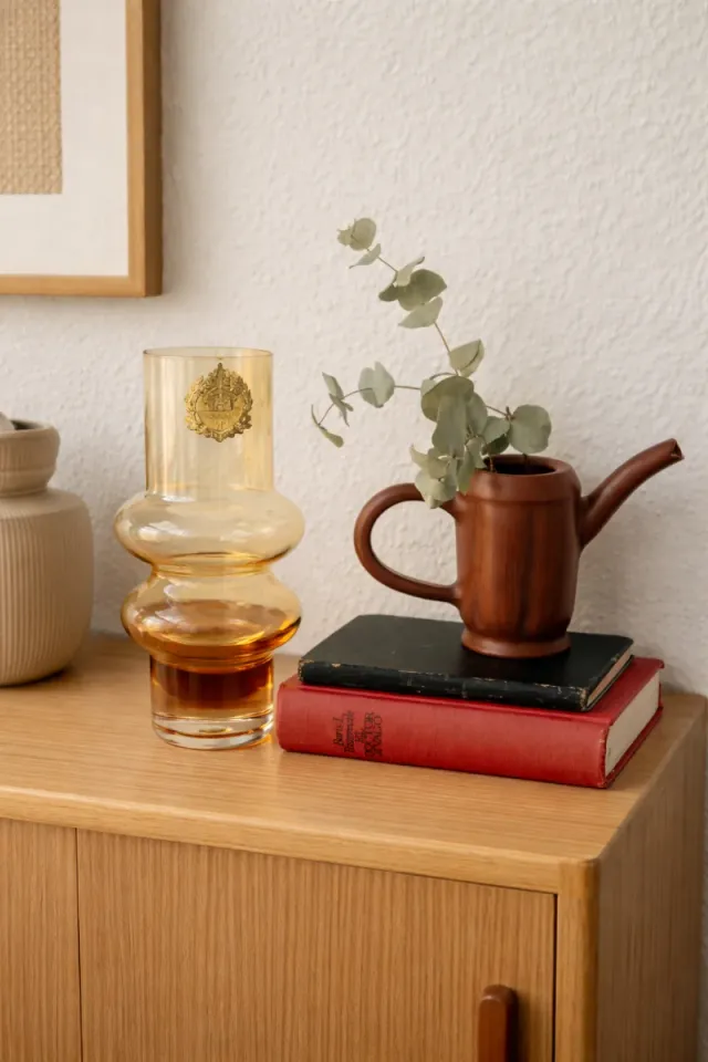 JARRÓN DE CRISTAL ÁMBAR VINTAGE + COLLAR REGALO