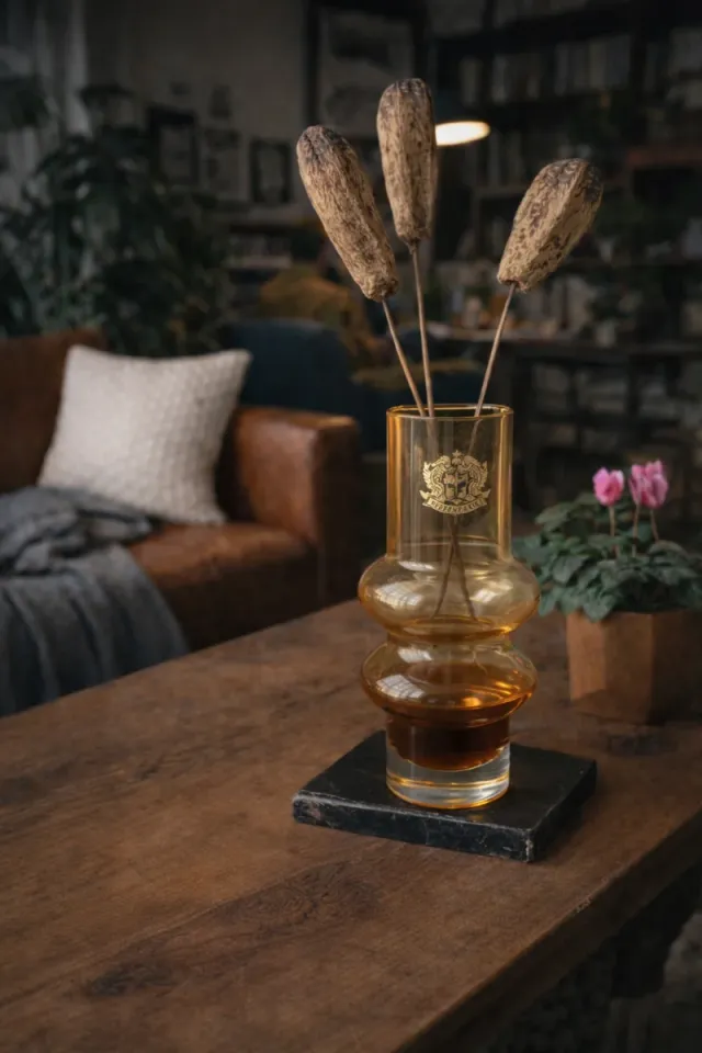 JARRÓN DE CRISTAL ÁMBAR VINTAGE + COLLAR REGALO