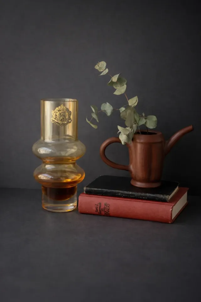 JARRÓN DE CRISTAL ÁMBAR VINTAGE + COLLAR REGALO