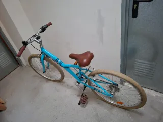 Bicicleta azul infantil con sillín marrón