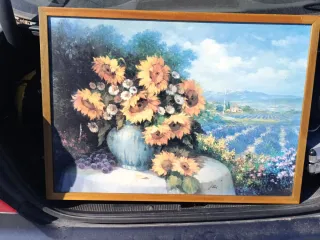 2 Cuadros antiguo del puerto de málaga y flores