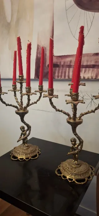 Pareja Candelabros Vintage Latón Macizo