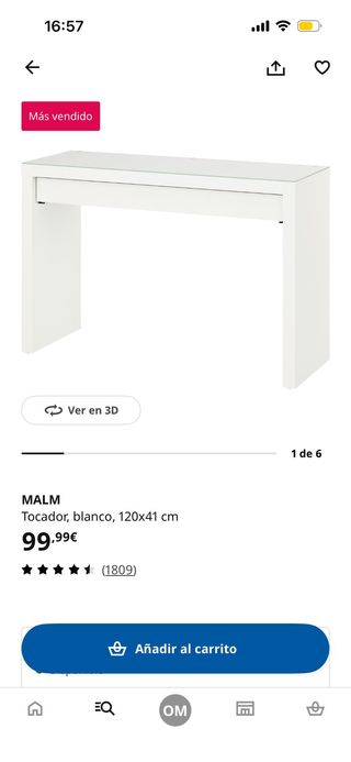 Tocador MALM blanco cristal 120x41 cm