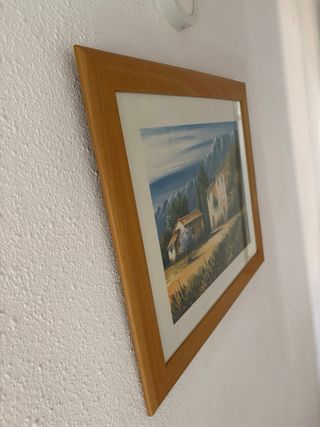 Cuadro paisaje rural con marco de madera