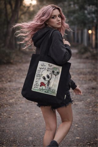 Bolso tote negro hecho a mano con dibujo
