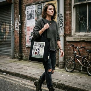 Bolso tote negro hecho a mano con dibujo