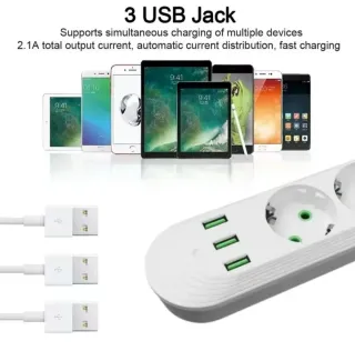 Regleta Múltiple 3 Enchufes EU + 3 USB 2 metros