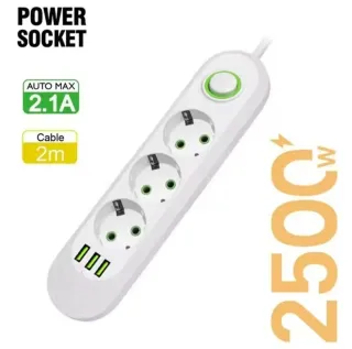 Regleta Múltiple 3 Enchufes EU + 3 USB 2 metros