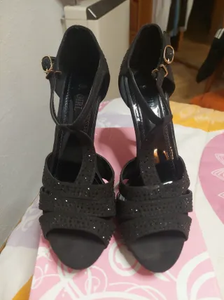 Sandalias tacón negras adornos strass T40