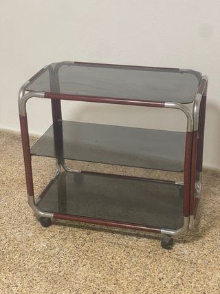 Mesa auxiliar de cristal con ruedas, vidrio/madera