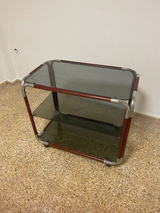 Mesa auxiliar de cristal con ruedas, vidrio/madera