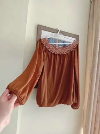 Blusa Boho Terracota Encaje Crochet Talla Única
