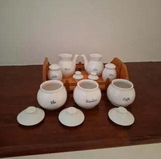 Set 7 Contenitori Ceramica con Vassoio Legno