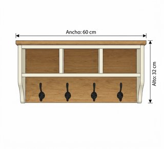 Estantería madera maciza con estante y colgadores.