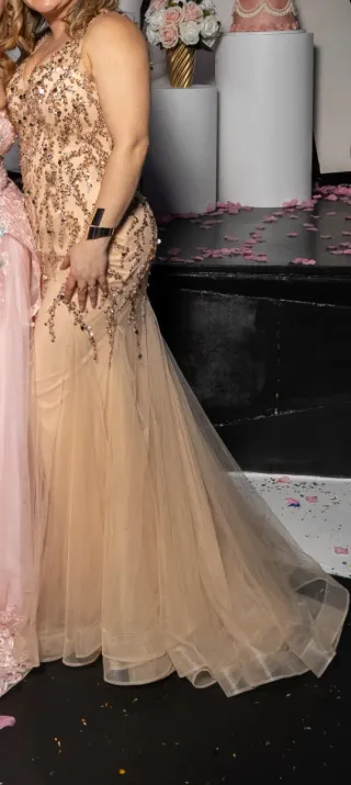 Vestido fiesta pedrería beige/dorado