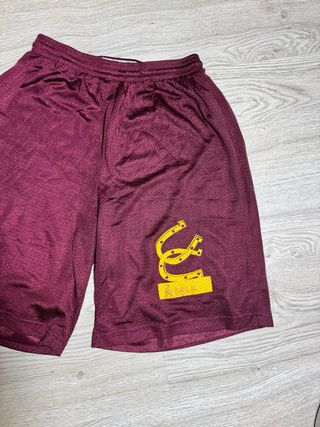 Shorts deportivos morados con logo dorado