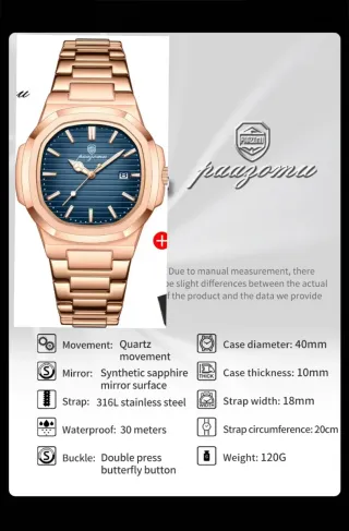 Reloj Paagomu Hombre Esfera Azul Correa Dorada