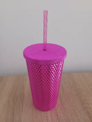 Vaso rosa con tapa y pajita 475 ml