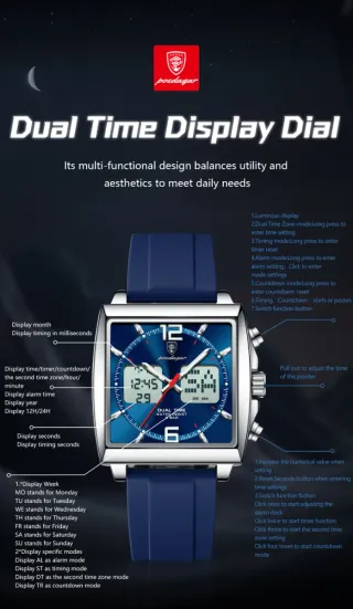Reloj Poedagar Dual Time Azul y Plata