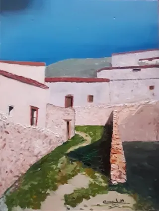 Oleo sobre tela paisaje urbano Cuevas de Provanco