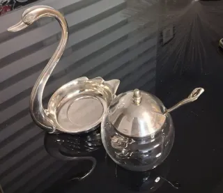 Azucarero Vintage Cisne Cristal y acero  macizo.