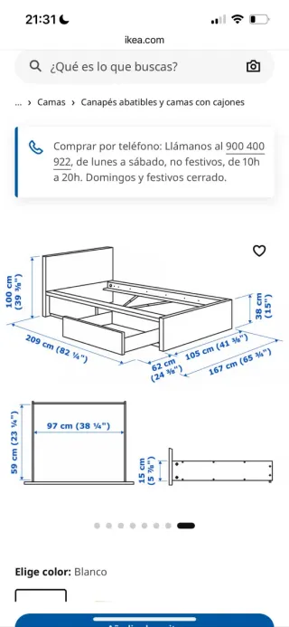 Cama blanca con 2 cajones grandes y somier.