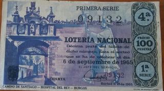 Billete Lotería Nacional 100 Pesetas 1965