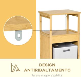 Mueble de Baño con Cesto Multifuncional para Ropa y Juguetes, Mueble para Ropa de Baño en MDF y Bambú, 40X30X86.5Cm, Color Natural