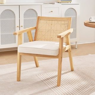 Silla de Rattan, Silla de Comedor de Estilo Moderno de Mitad de Siglo con Reposabrazos, Silla Tapizada con Respaldo de Rattan, Silla de Comedor Retro de Rattan para Sala de Estar, Dormitorio, Sala...