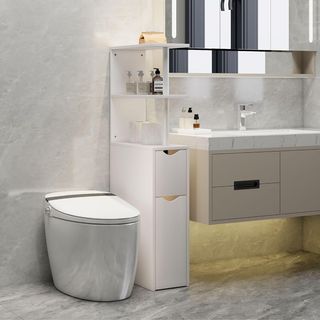 Mueble de Baño Slim con Cajones y Estantes, Mueble de Baño Ahorra Espacio con Cajón sobre Ruedas, Columna de Baño para Comedor Sala de Estar, 20X45X115 Cm, Blanco
