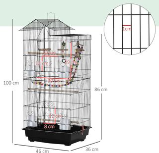 Gabbia per Uccelli, Voliera con Maniglia e Porte, Piccola Gabbia con Altalena, Ciotoline e Giocattoli, 46X36X100 Cm, Nero