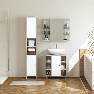 Armario Espejo de Baño de Pared, Mueble Colgante Moderno con Puerta y Estantes de Madera, 80X19.8X64Cm, Gris