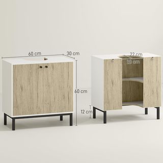 Mueble de Baño Bajo Lavabo de 2 Puertas con Estante Interno de Aglomerado y Acero, 60X30X60 Cm, Blanco y Roble