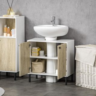 Mueble de Baño Bajo Lavabo de 2 Puertas con Estante Interno de Aglomerado y Acero, 60X30X60 Cm, Blanco y Roble