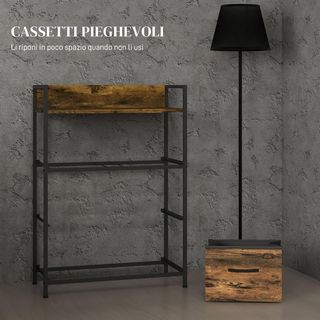 Comò con 4 Cassetti Estraibili e Pieghevoli, Design Industriale, in Tessuto Non Tessuto, MDF e Acciaio, 60x29x85 cm, Marrone e Nero
