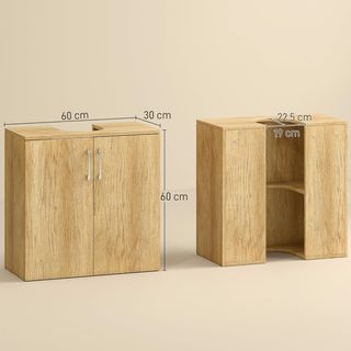 Mueble de Baño Sottolavabo Moderno, Armario Suspendido de 2 Puertas Con 2 Estantes e Intaglio en U de Madera, para Lavabos Con O Sin Columna, Color Natural