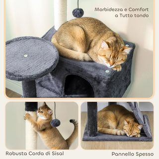 Rascador para Gatos Alto 140 Cm, Árbol para Gatos Multinivel Con 3 Postes Rascadores, 2 Cuevas, Cama, Hamaca, 2 Pompones, Plataforma Y Escalera, Torre para Gatitos, de Peluche, Gris Oscuro