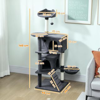 Rascador para Gatos Alto 140 Cm, Árbol para Gatos Multinivel Con 3 Postes Rascadores, 2 Cuevas, Cama, Hamaca, 2 Pompones, Plataforma Y Escalera, Torre para Gatitos, de Peluche, Gris Oscuro