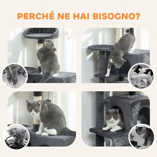 Rascador para Gatos Alto 140 Cm, Árbol para Gatos Multinivel Con 3 Postes Rascadores, 2 Cuevas, Cama, Hamaca, 2 Pompones, Plataforma Y Escalera, Torre para Gatitos, de Peluche, Gris Oscuro