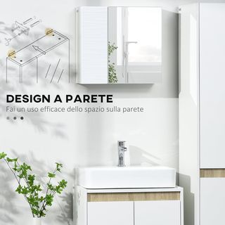 Mueble de Baño con Espejo, 2 Puertas y Estantes Regulables, Espejo de Baño Contenedor en Aglomerado y Vidrio, Diseño de Pared, 48X15X45 Cm, Blanco
