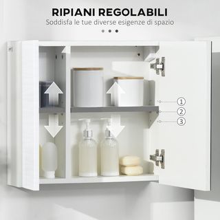 Mueble de Baño con Espejo, 2 Puertas y Estantes Regulables, Espejo de Baño Contenedor en Aglomerado y Vidrio, Diseño de Pared, 48X15X45 Cm, Blanco