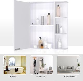 Specchio da bagno contenitore, armadio da bagno con specchio, porta centrale e ripiani in legno bianco (66 x 17 x 63 cm)